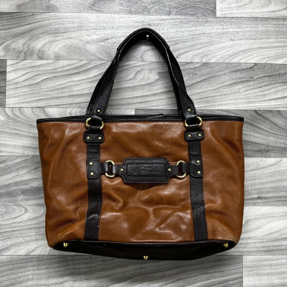 Stone Mountain Leather Tote Bagโ Women's Brown Black Studded Detail Zip Pockets